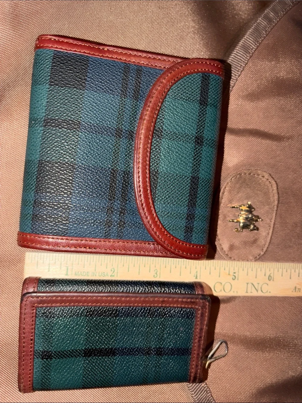 Polo by Ralph Lauren Green Plaid Leather-Trim vintage Wallet & keyholder